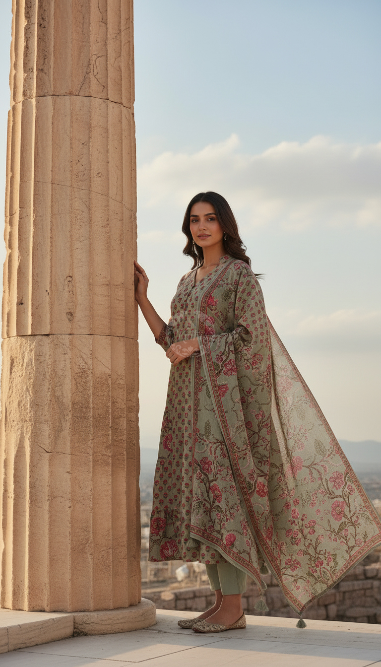 Olive Cotton Floral Print Suit Set Sequins