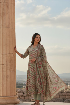 Olive Cotton Floral Print Suit Set Sequins