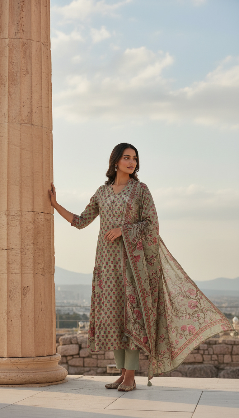 Olive Cotton Floral Print Suit Set Sequins