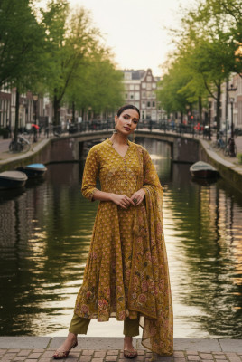 Yellow Cotton Floral Print Suit Set Sequins