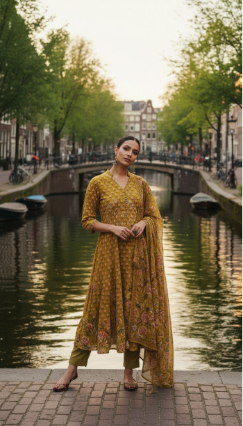 Yellow Cotton Floral Print Suit Set Sequins