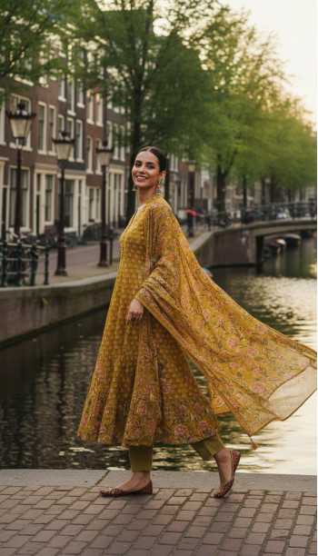 Yellow Cotton Floral Print Suit Set Sequins