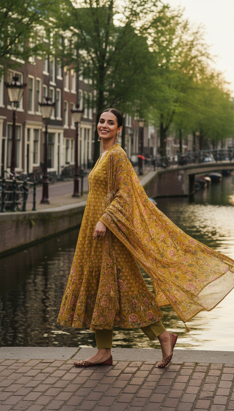 Yellow Cotton Floral Print Suit Set Sequins