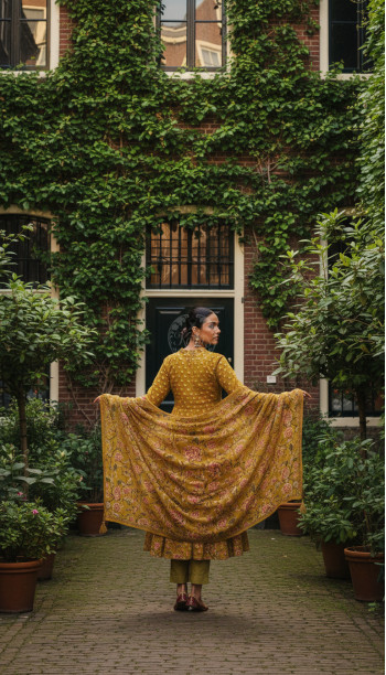 Yellow Cotton Floral Print Suit Set Sequins