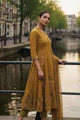 Yellow Cotton Floral Print Suit Set Sequins