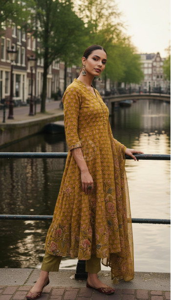 Yellow Cotton Floral Print Suit Set Sequins