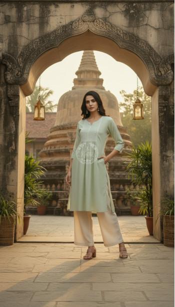Light Green Cotton Dobby Solid Kurta With Sequins