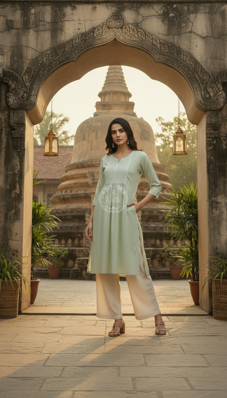 Light Green Cotton Dobby Solid Kurta With Sequins