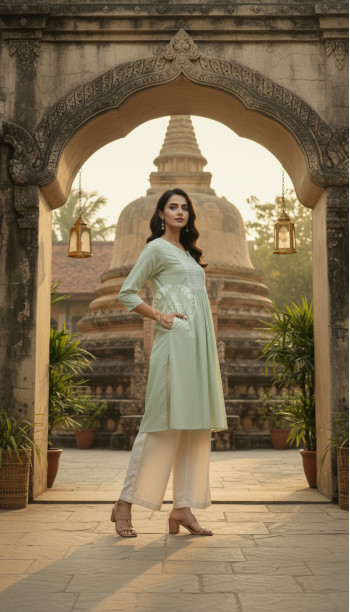 Light Green Cotton Dobby Solid Kurta With Sequins