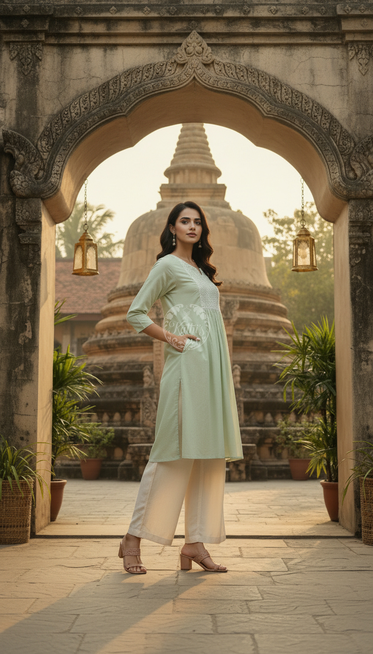 Light Green Cotton Dobby Solid Kurta With Sequins