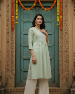 Light Green Cotton Dobby Solid Kurta With Sequins