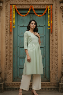 Light Green Cotton Dobby Solid Kurta With Sequins