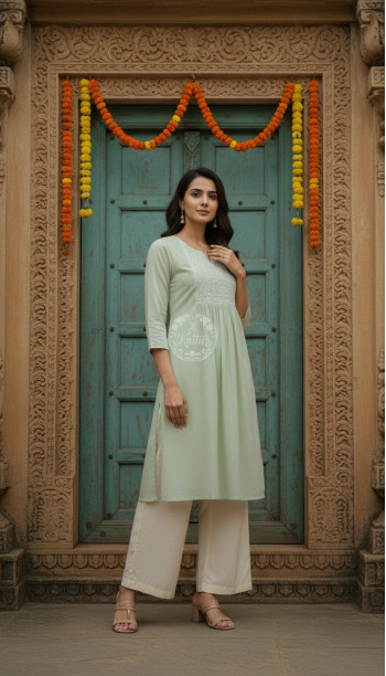 Light Green Cotton Dobby Solid Kurta With Sequins