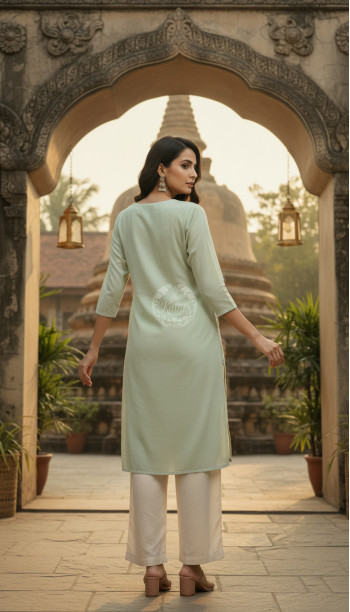 Light Green Cotton Dobby Solid Kurta With Sequins