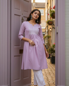 Purple Cotton Dobby Solid Kurta With Sequins
