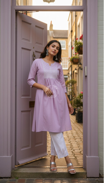 Purple Cotton Dobby Solid Kurta With Sequins