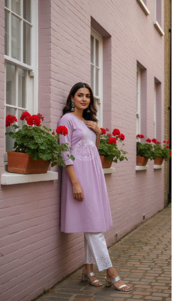Purple Cotton Dobby Solid Kurta With Sequins