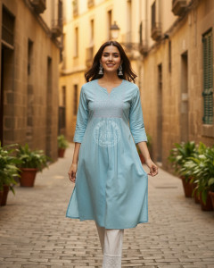 Powder Blue Cotton Dobby Solid Kurta With Sequins