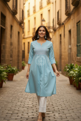 Powder Blue Cotton Dobby Solid Kurta With Sequins