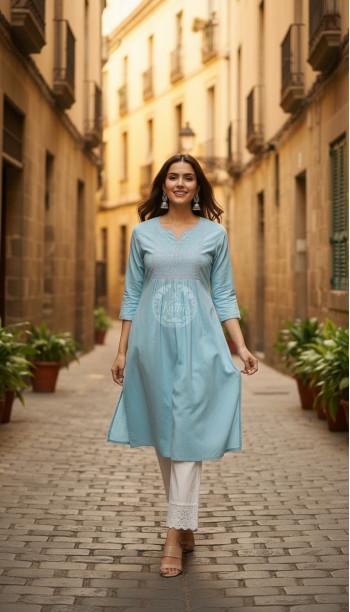 Powder Blue Cotton Dobby Solid Kurta With Sequins