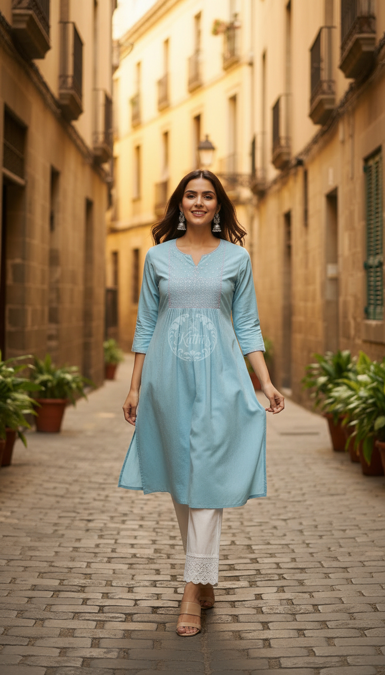 Powder Blue Cotton Dobby Solid Kurta With Sequins