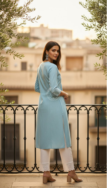 Powder Blue Cotton Dobby Solid Kurta With Sequins