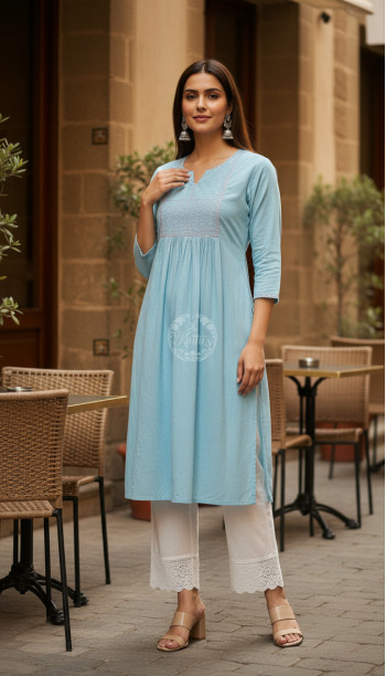 Powder Blue Cotton Dobby Solid Kurta With Sequins