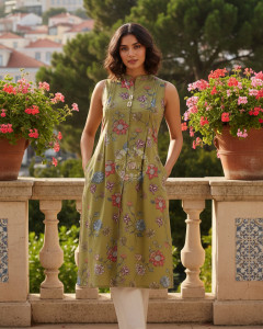 Olive Cotton Flex Floral Printed Kurta