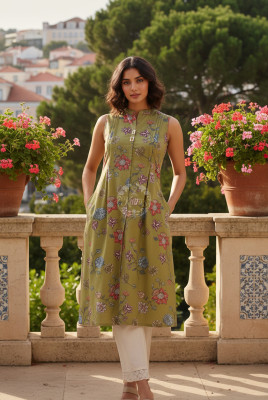 Olive Cotton Flex Floral Printed Kurta