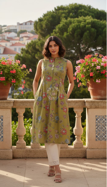 Olive Cotton Flex Floral Printed Kurta