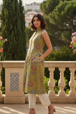 Olive Cotton Flex Floral Printed Kurta