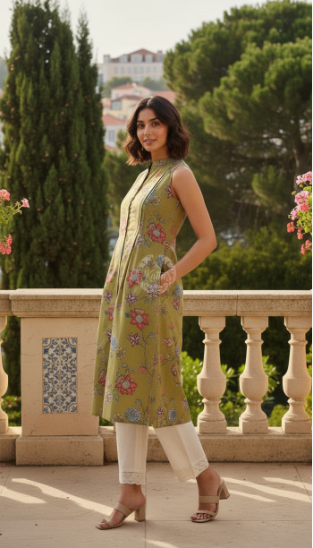 Olive Cotton Flex Floral Printed Kurta