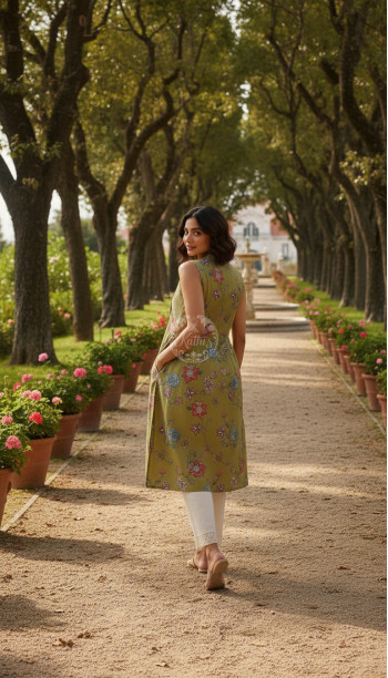 Olive Cotton Flex Floral Printed Kurta