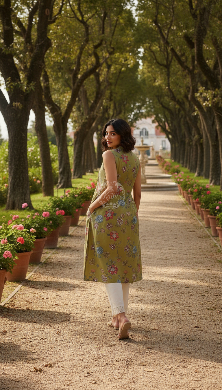 Olive Cotton Flex Floral Printed Kurta