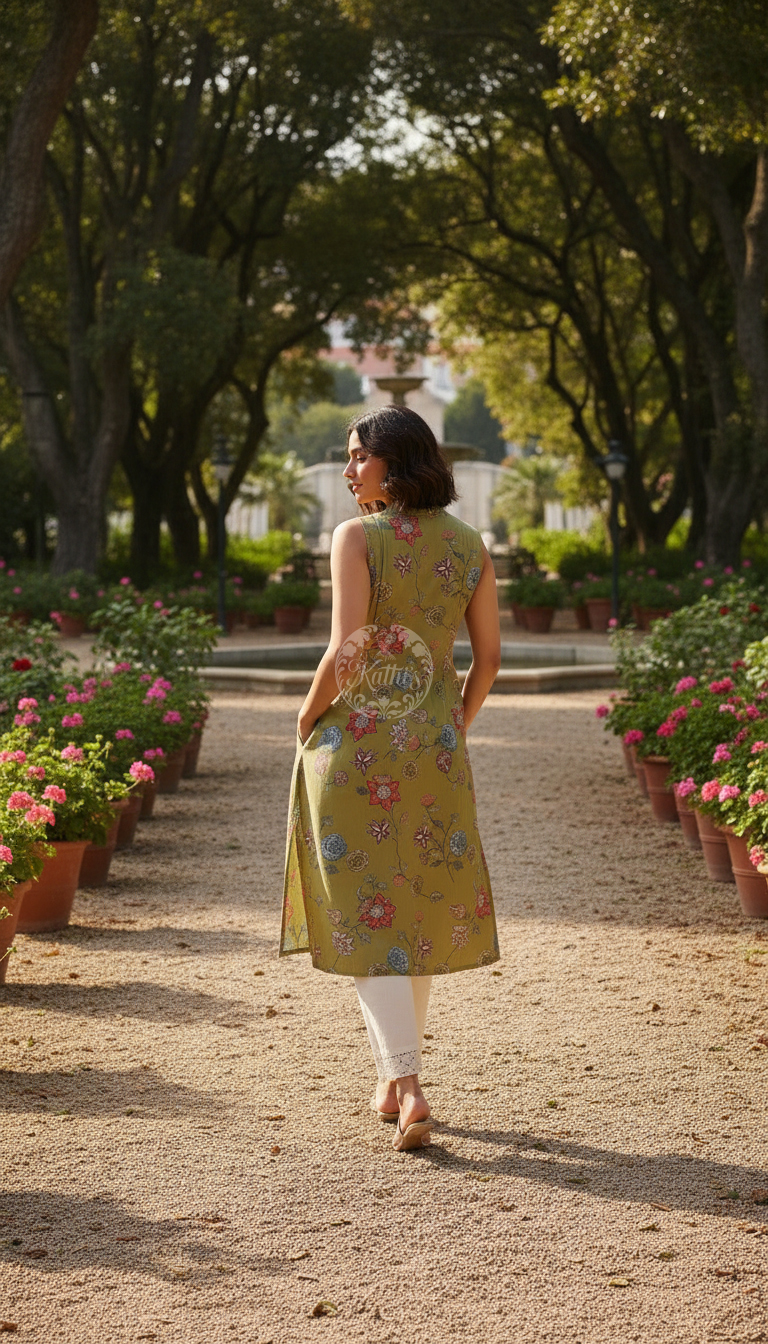 Olive Cotton Flex Floral Printed Kurta
