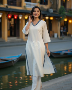 Off White Cotton Contrast Printed V-Neck A-Line Kurta