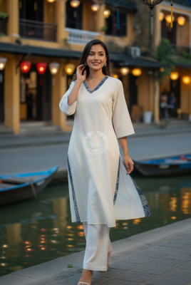 Off White Cotton Contrast Printed V-Neck A-Line Kurta