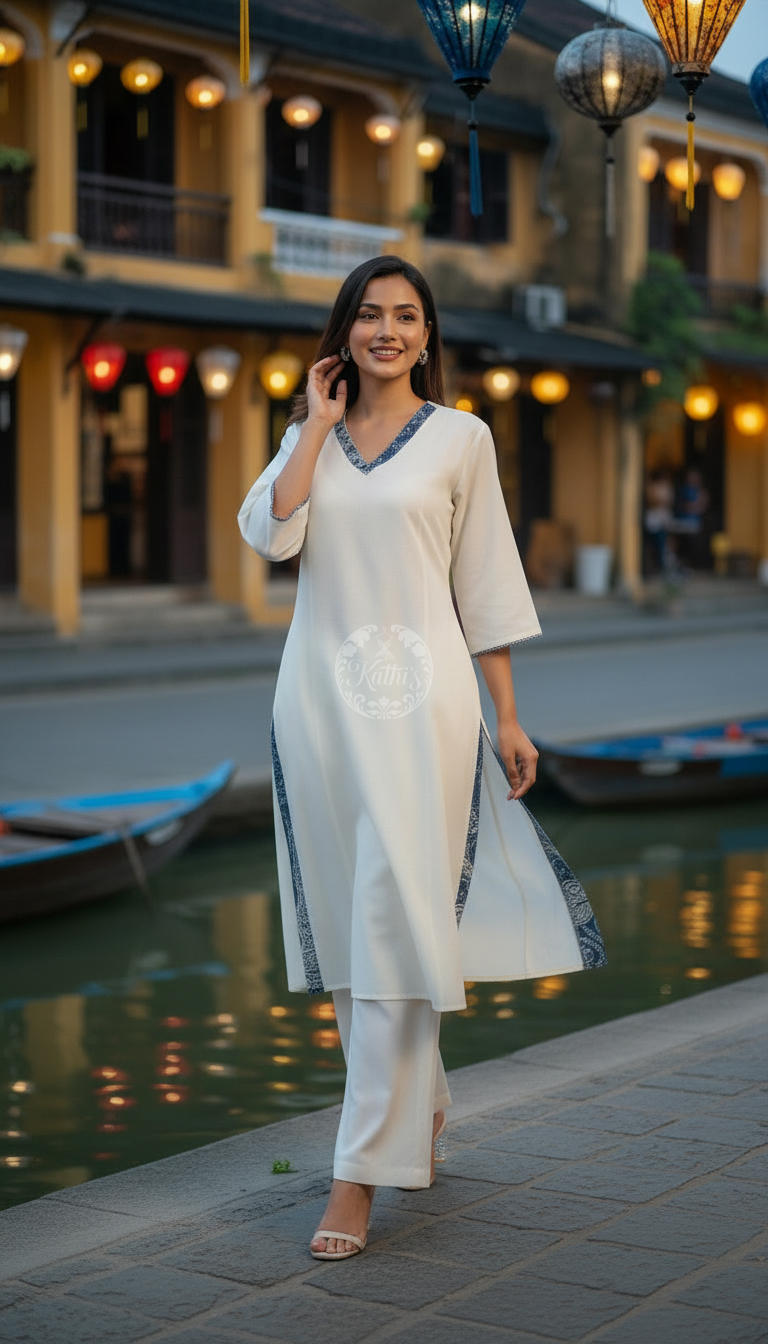 Off White Cotton Contrast Printed V-Neck A-Line Kurta