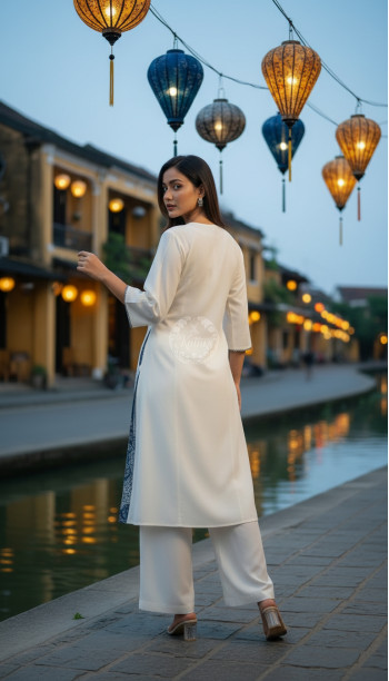 Off White Cotton Contrast Printed V-Neck A-Line Kurta