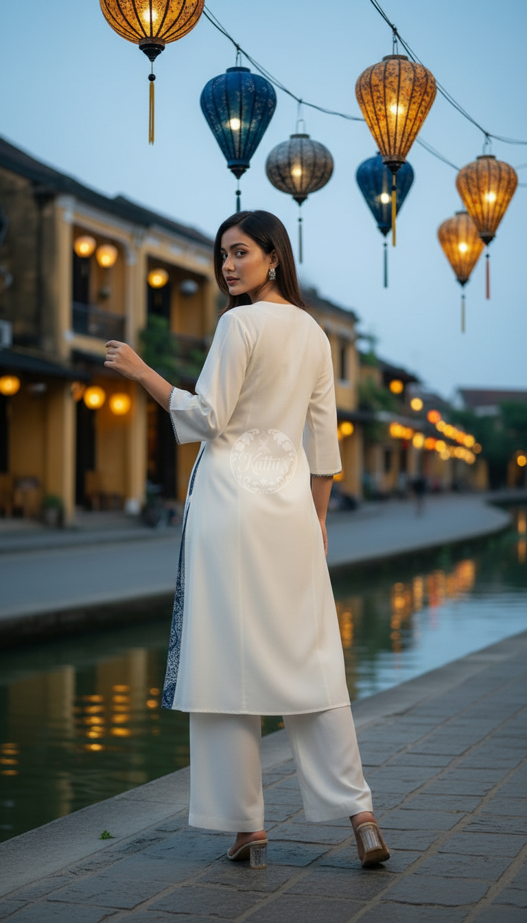 Off White Cotton Contrast Printed V-Neck A-Line Kurta