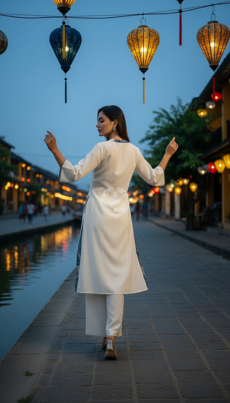 Off White Cotton Contrast Printed V-Neck A-Line Kurta