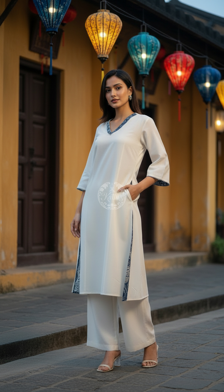 Off White Cotton Contrast Printed V-Neck A-Line Kurta