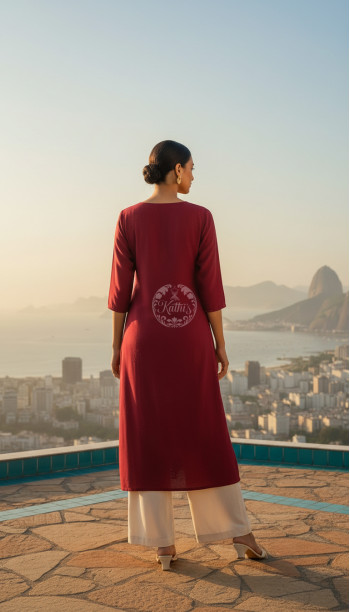 Red Viscose Floral Embroidered Kurta