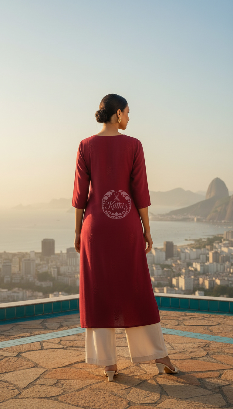 Red Viscose Floral Embroidered Kurta