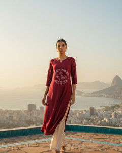 Red Viscose Floral Embroidered Kurta