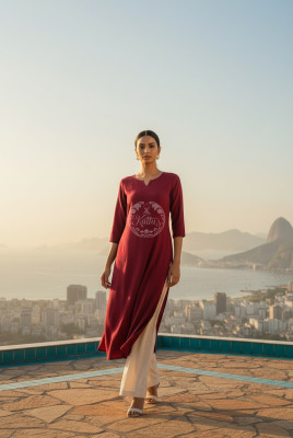 Red Viscose Floral Embroidered Kurta