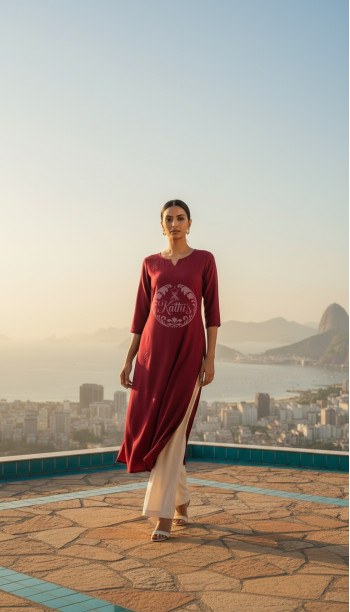 Red Viscose Floral Embroidered Kurta