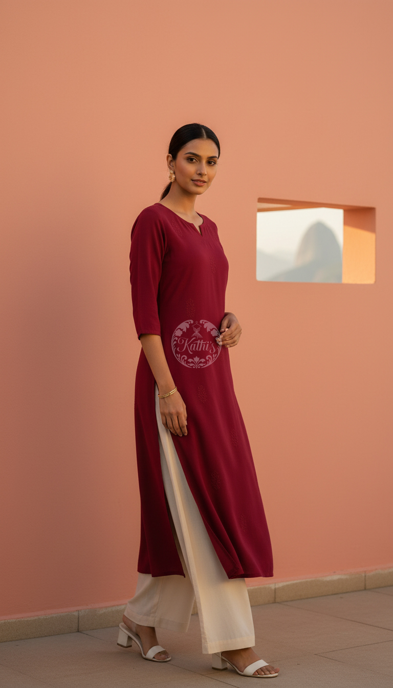 Red Viscose Floral Embroidered Kurta