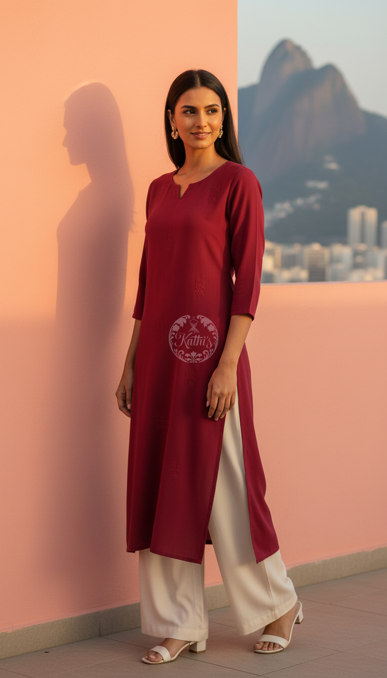 Red Viscose Floral Embroidered Kurta