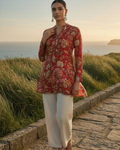 Fuchsia Silk Berry Floral Print Tunic With Beads